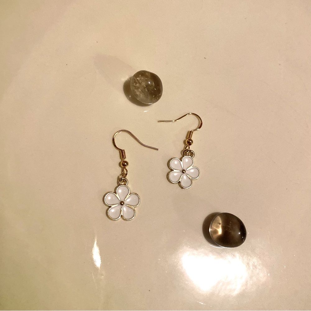 Gold and White Flower Earrings Hook Handmade